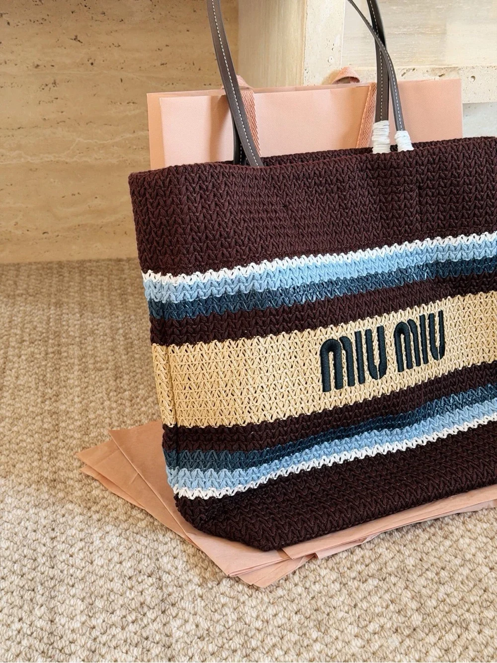 Miu Miu Brown Knit Stripe Tote Bag